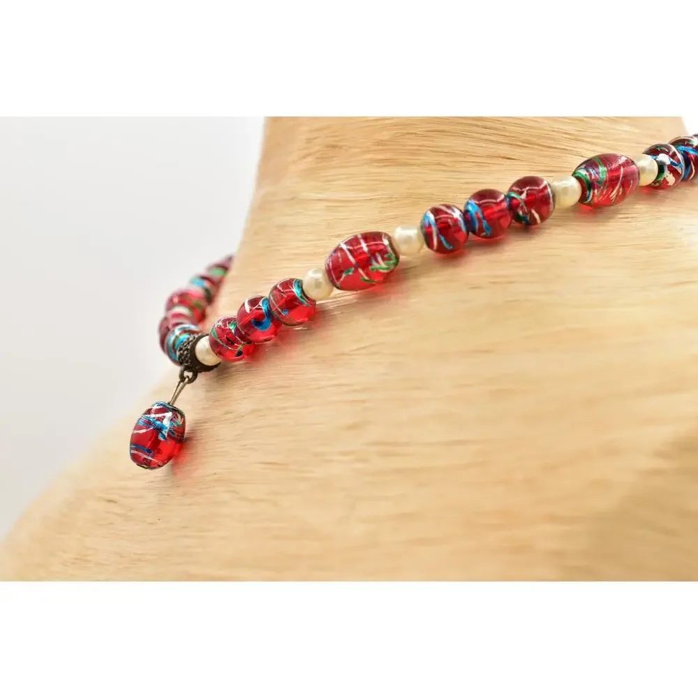 Vintage Collar Glass Beaded Necklace Red White Faux Pearl Metallic Foil BinBD